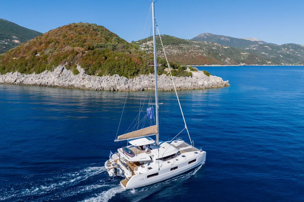 Exterior view of Maestro, a Lagoon 46 catamaran at Lefkada, Greece