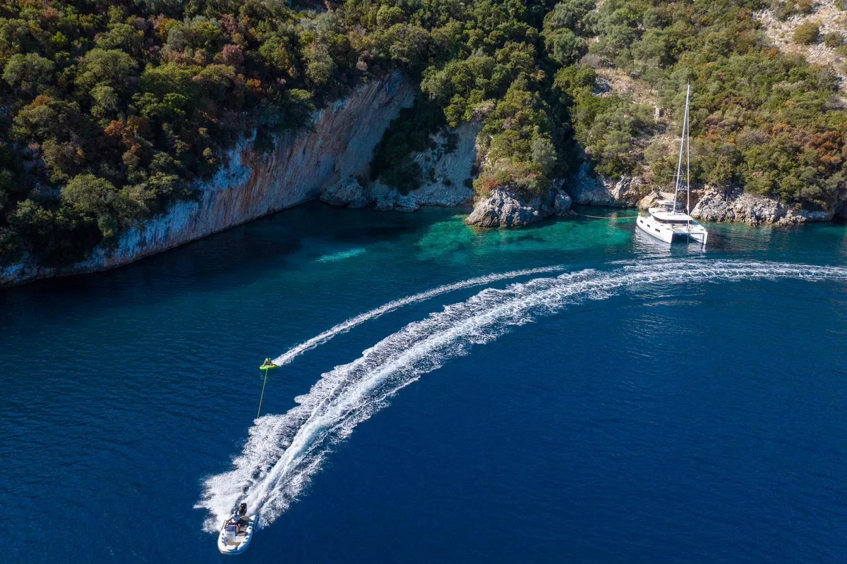 Exterior view of Maestro, a Lagoon 46 catamaran at Lefkada, Greece