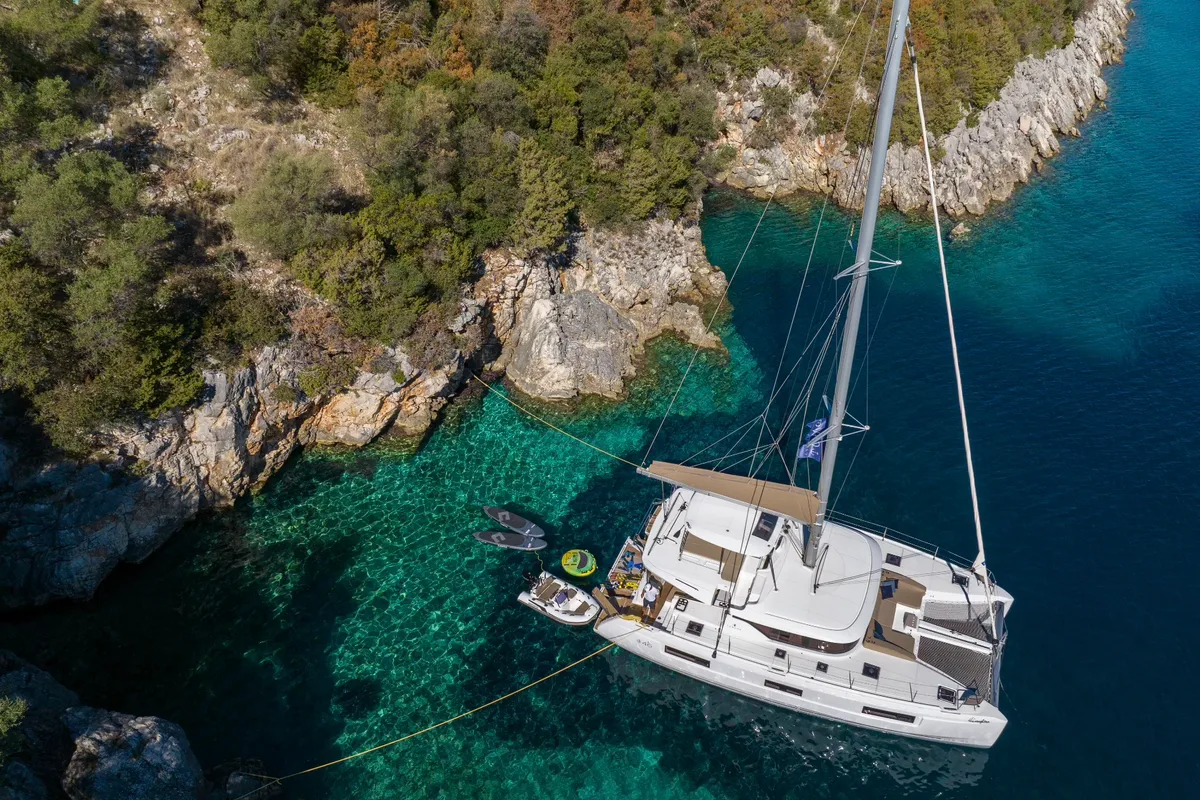 Exterior view of Maestro, a Lagoon 46 catamaran at Lefkada, Greece