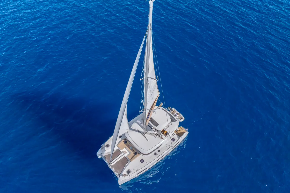 Exterior view of Maestro, a Lagoon 46 catamaran at Lefkada, Greece