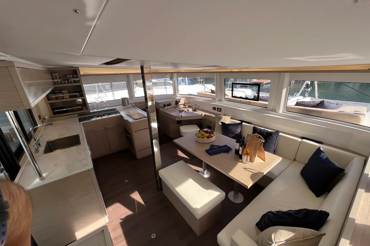 Salon of Maestro, a Lagoon 46 catamaran at Lefkada, Greece