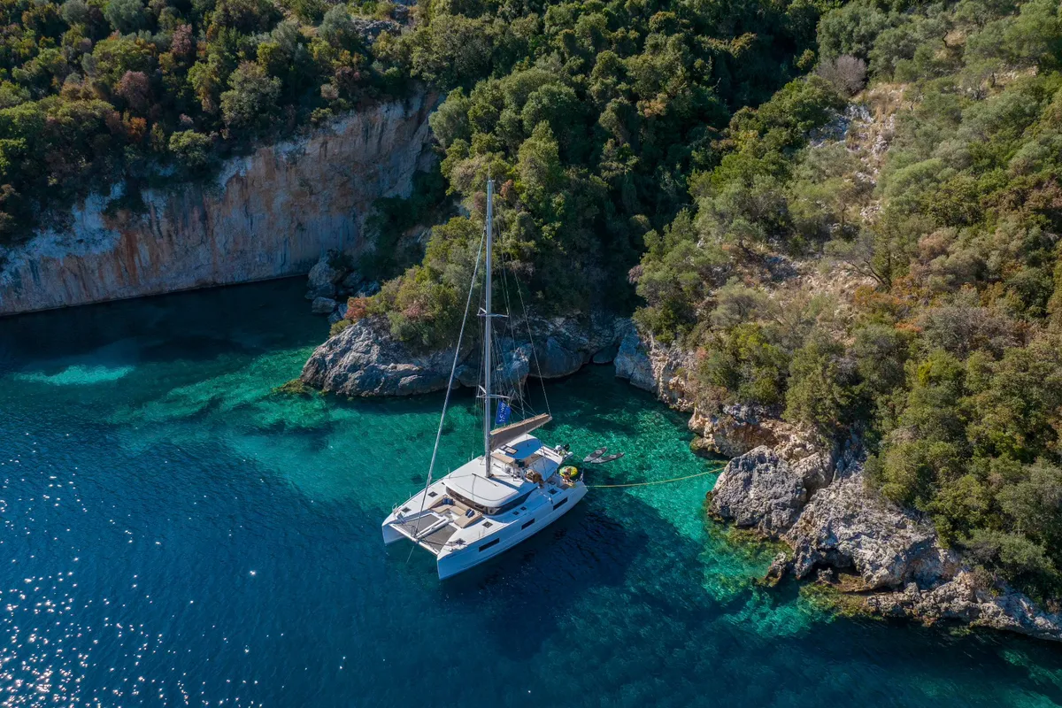 Exterior view of Maestro, a Lagoon 46 catamaran at Lefkada, Greece