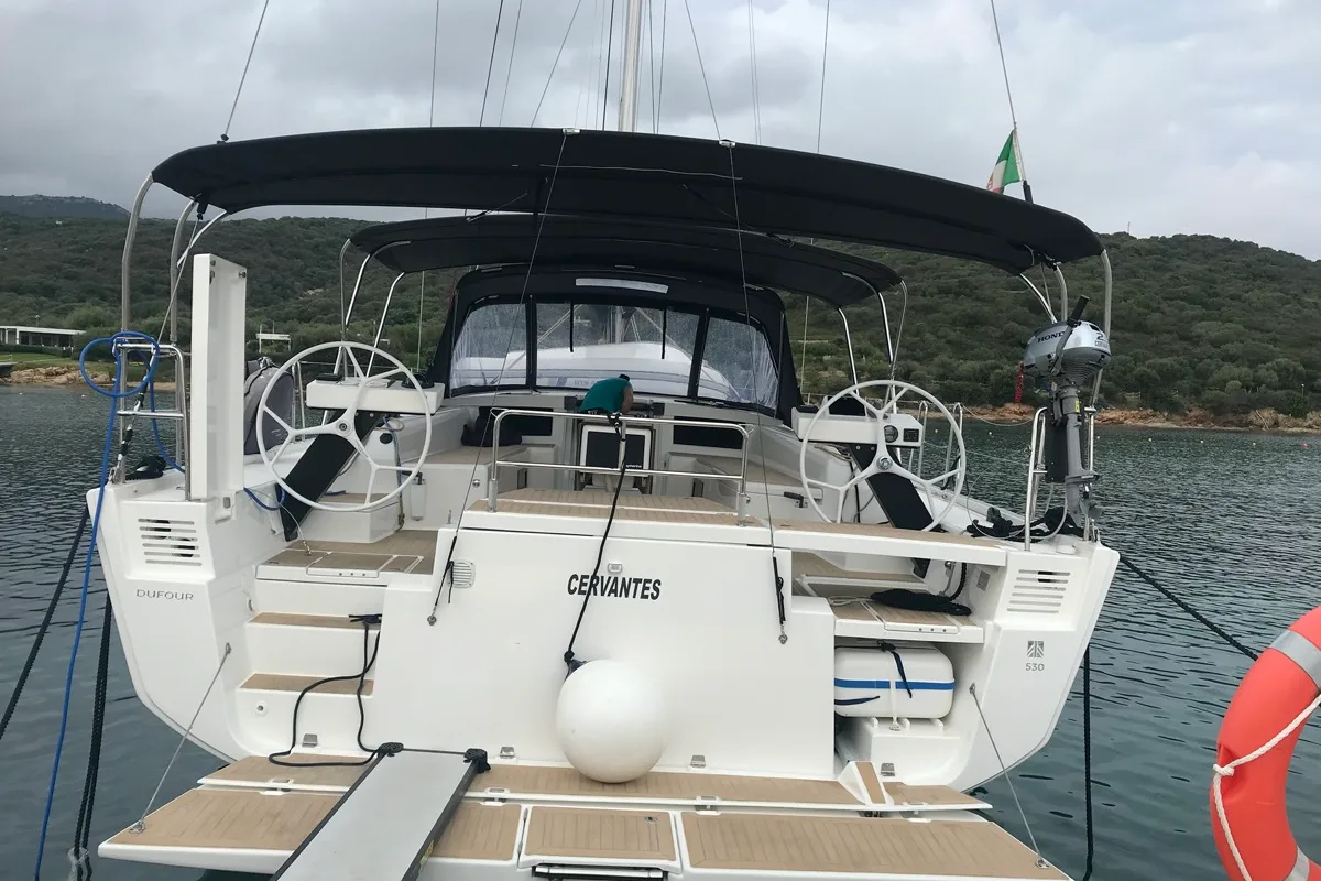 Exterior view of Cervantes, a Dufour 530 sailboat at Olbia, Italy