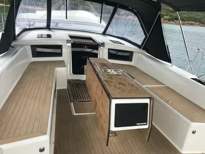 Deck of Cervantes, a Dufour 530 sailboat at Olbia, Italy