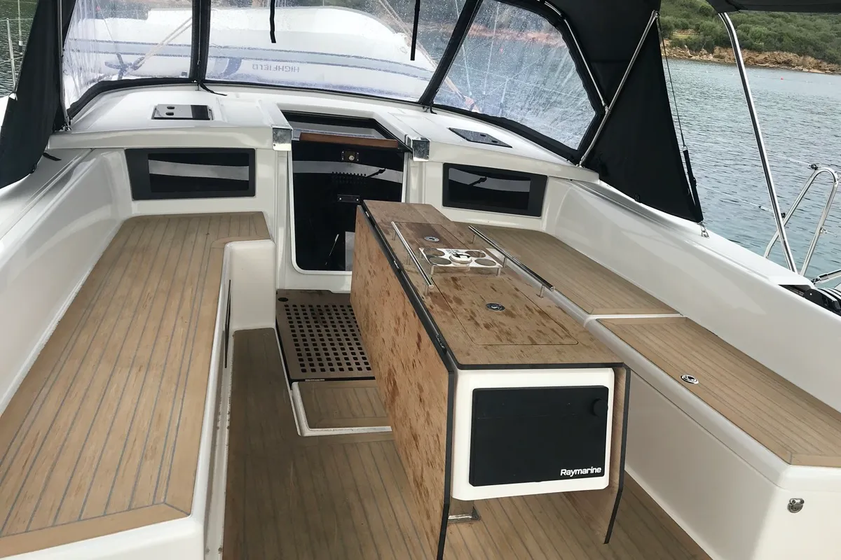 Deck of Cervantes, a Dufour 530 sailboat at Olbia, Italy