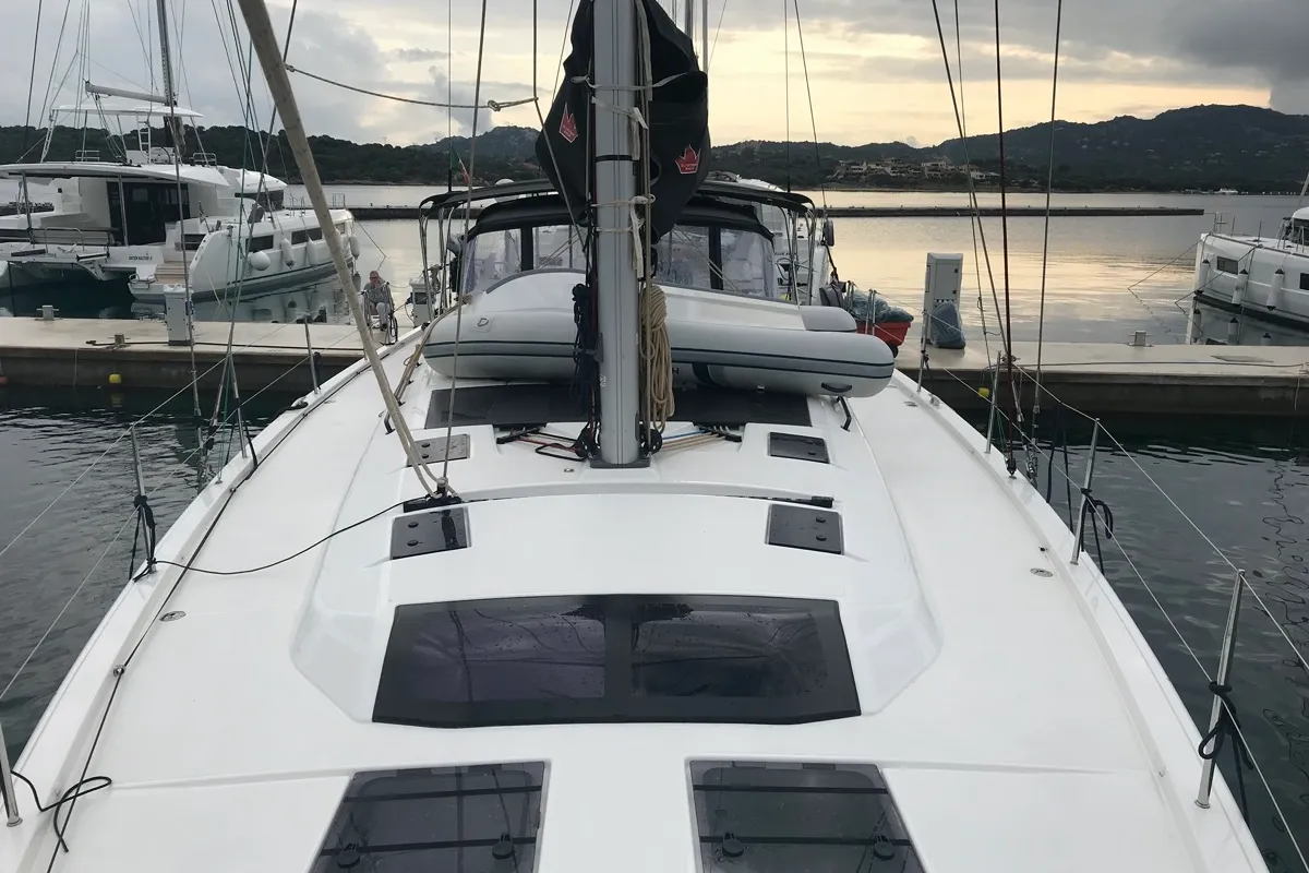Deck of Cervantes, a Dufour 530 sailboat at Olbia, Italy