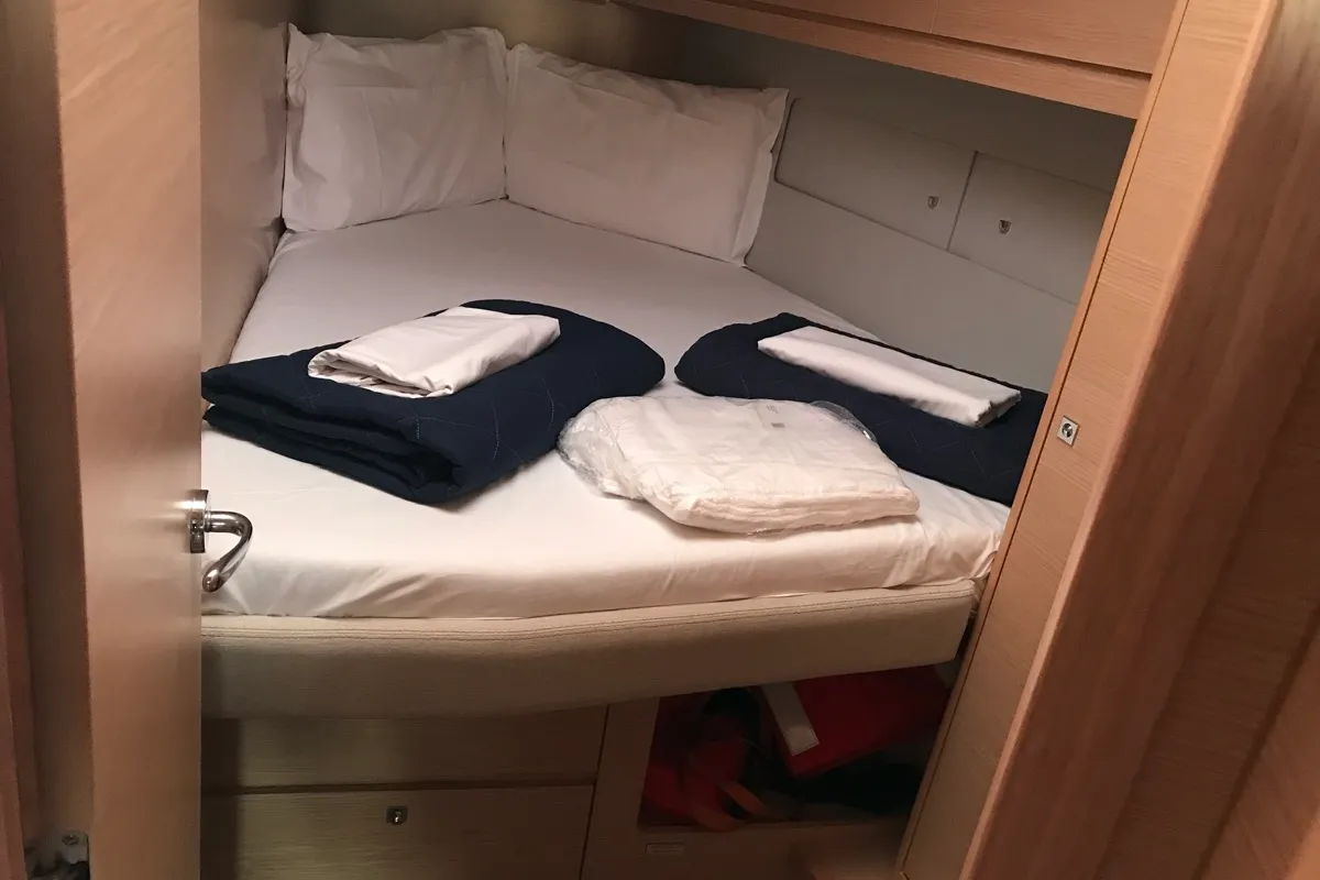 Cabin on Cervantes, a Dufour 530 sailboat at Olbia, Italy