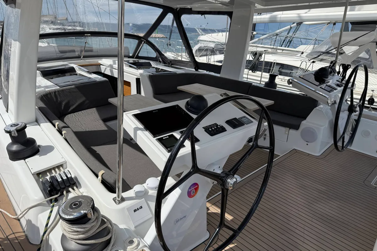 Cockpit of Joanna, a Hanse 588 sailboat at Grad Biograd na Moru, Croatia