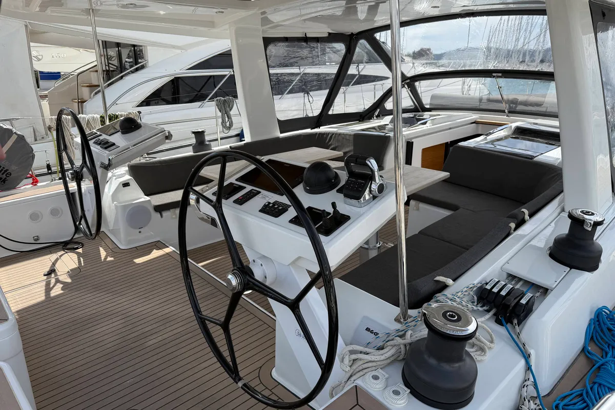 Cockpit of Joanna, a Hanse 588 sailboat at Grad Biograd na Moru, Croatia