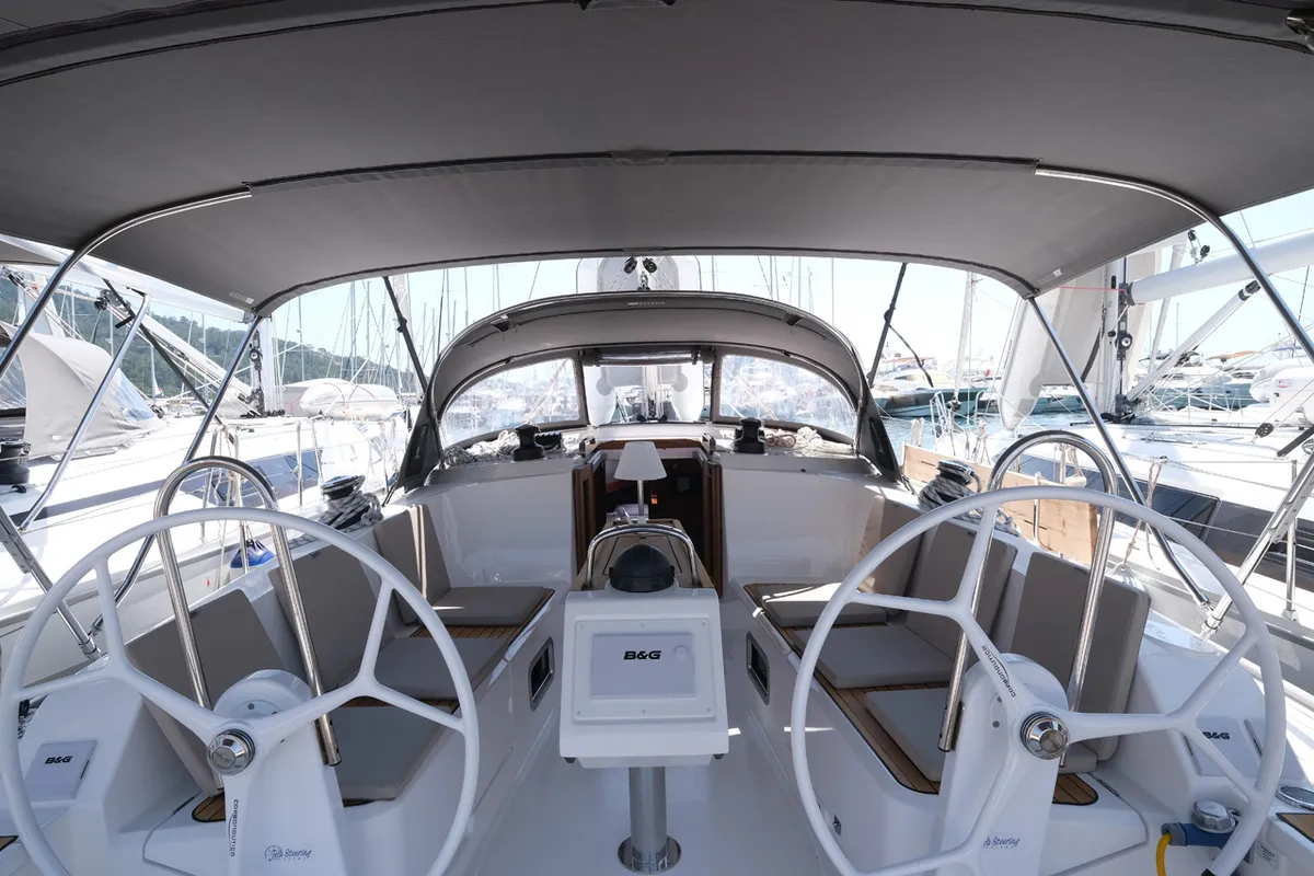 Cockpit of Arwen, a Bavaria Cruiser 41 sailboat at Fethiye, Turkey