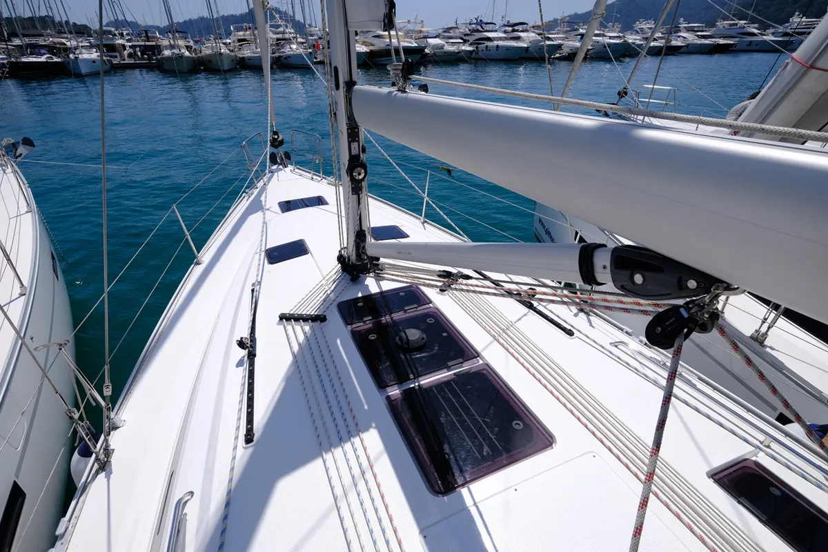 Deck of Arwen, a Bavaria Cruiser 41 sailboat at Fethiye, Turkey