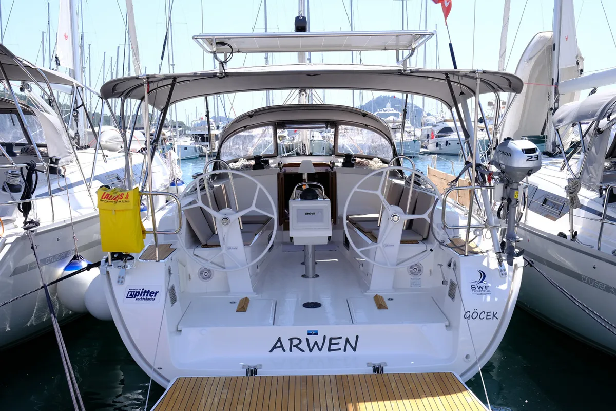Cockpit of Arwen, a Bavaria Cruiser 41 sailboat at Fethiye, Turkey