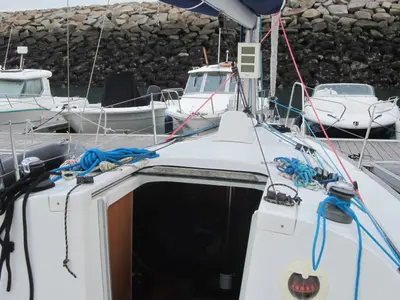 Deck of Flashe, a Beneteau First 27.7 sailboat at Saint-Cast-le-Guildo, France