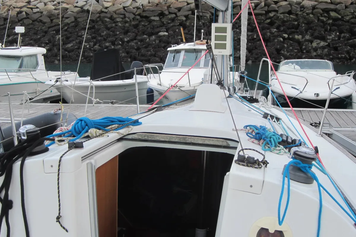 Deck of Flashe, a Beneteau First 27.7 sailboat at Saint-Cast-le-Guildo, France
