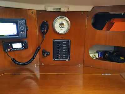 Salon of Flashe, a Beneteau First 27.7 sailboat at Saint-Cast-le-Guildo, France