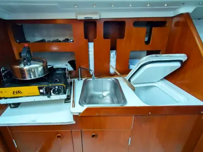 Galley of Flashe, a Beneteau First 27.7 sailboat at Saint-Cast-le-Guildo, France