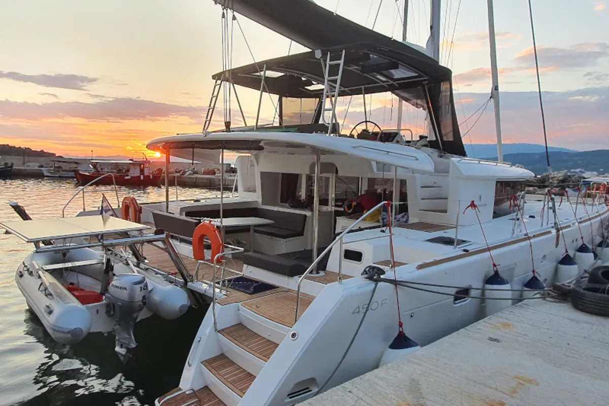 Exterior view of Alkyone, a Lagoon 450 Fly catamaran at Volos, Greece