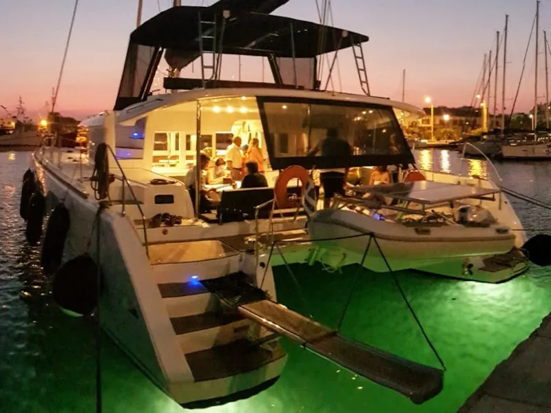 Exterior view of Alkyone, a Lagoon 450 Fly catamaran at Volos, Greece
