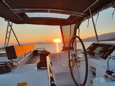 Cockpit of Alkyone, a Lagoon 450 Fly catamaran at Volos, Greece