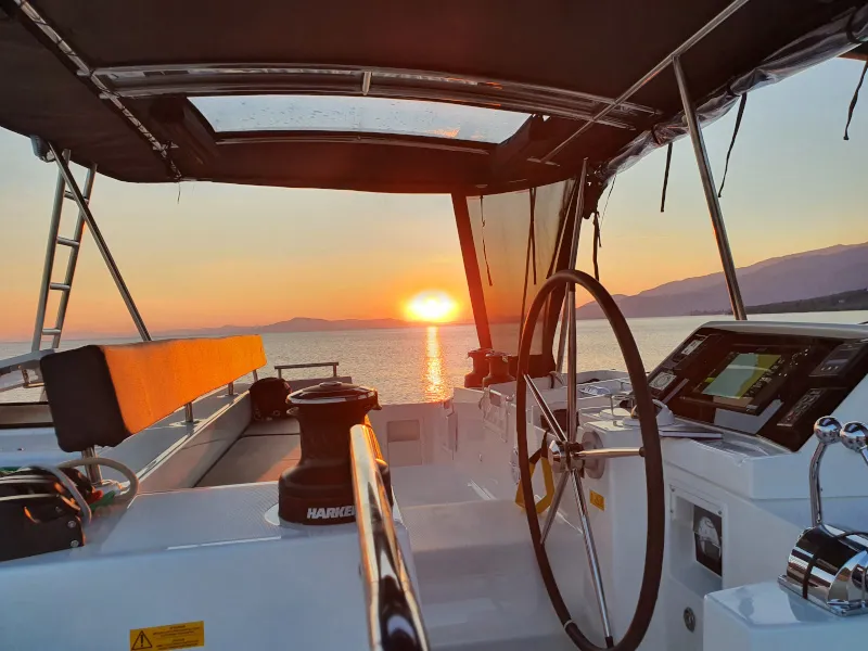 Cockpit of Alkyone, a Lagoon 450 Fly catamaran at Volos, Greece