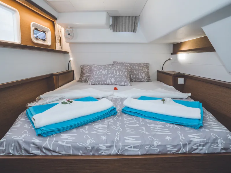 Cabin on Alkyone, a Lagoon 450 Fly catamaran at Volos, Greece