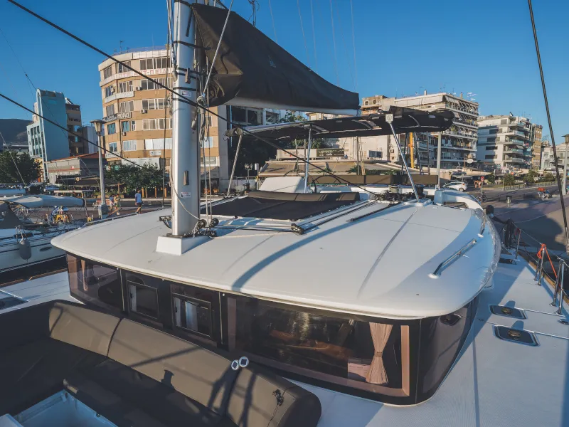 Exterior view of Alkyone, a Lagoon 450 Fly catamaran at Volos, Greece
