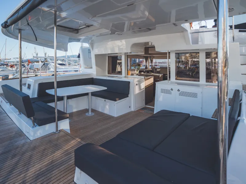 Deck of Alkyone, a Lagoon 450 Fly catamaran at Volos, Greece