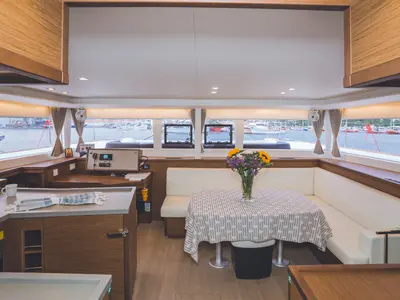Salon of Alkyone, a Lagoon 450 Fly catamaran at Volos, Greece