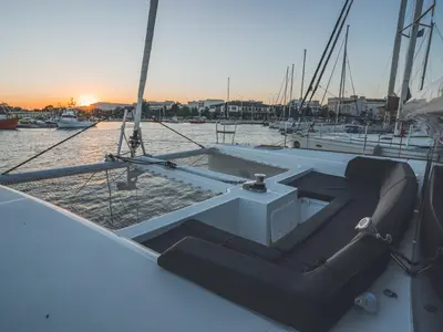 Deck of Alkyone, a Lagoon 450 Fly catamaran at Volos, Greece