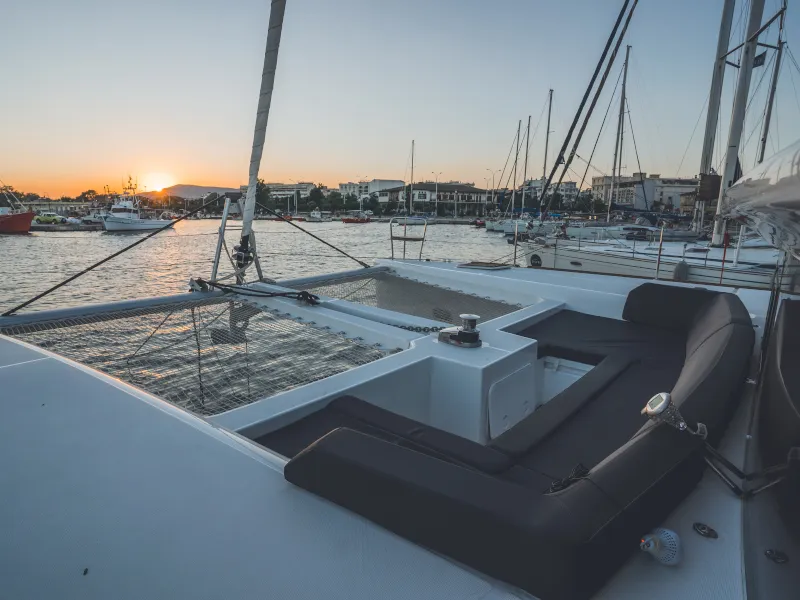 Deck of Alkyone, a Lagoon 450 Fly catamaran at Volos, Greece