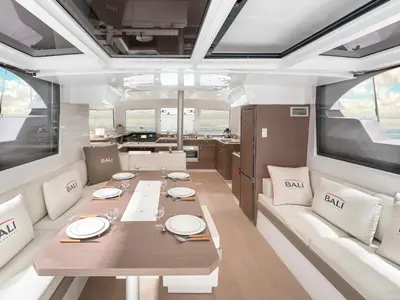 Salon of Silvia B, a Bali Catspace catamaran at Marsala, Italy