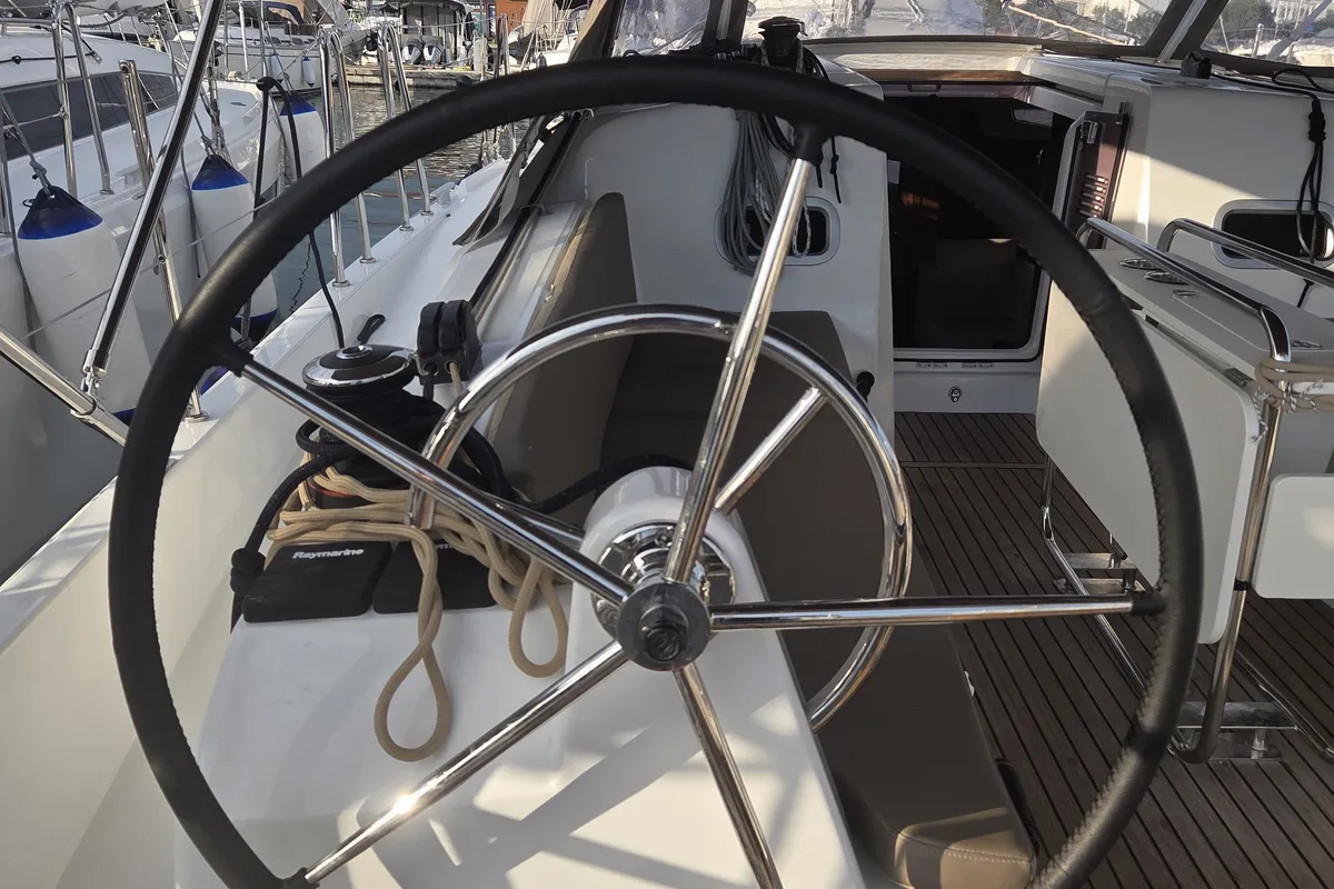 Cockpit of Kavinton, a Jeanneau Sun Odyssey 380 sailboat at Pirovac, Croatia