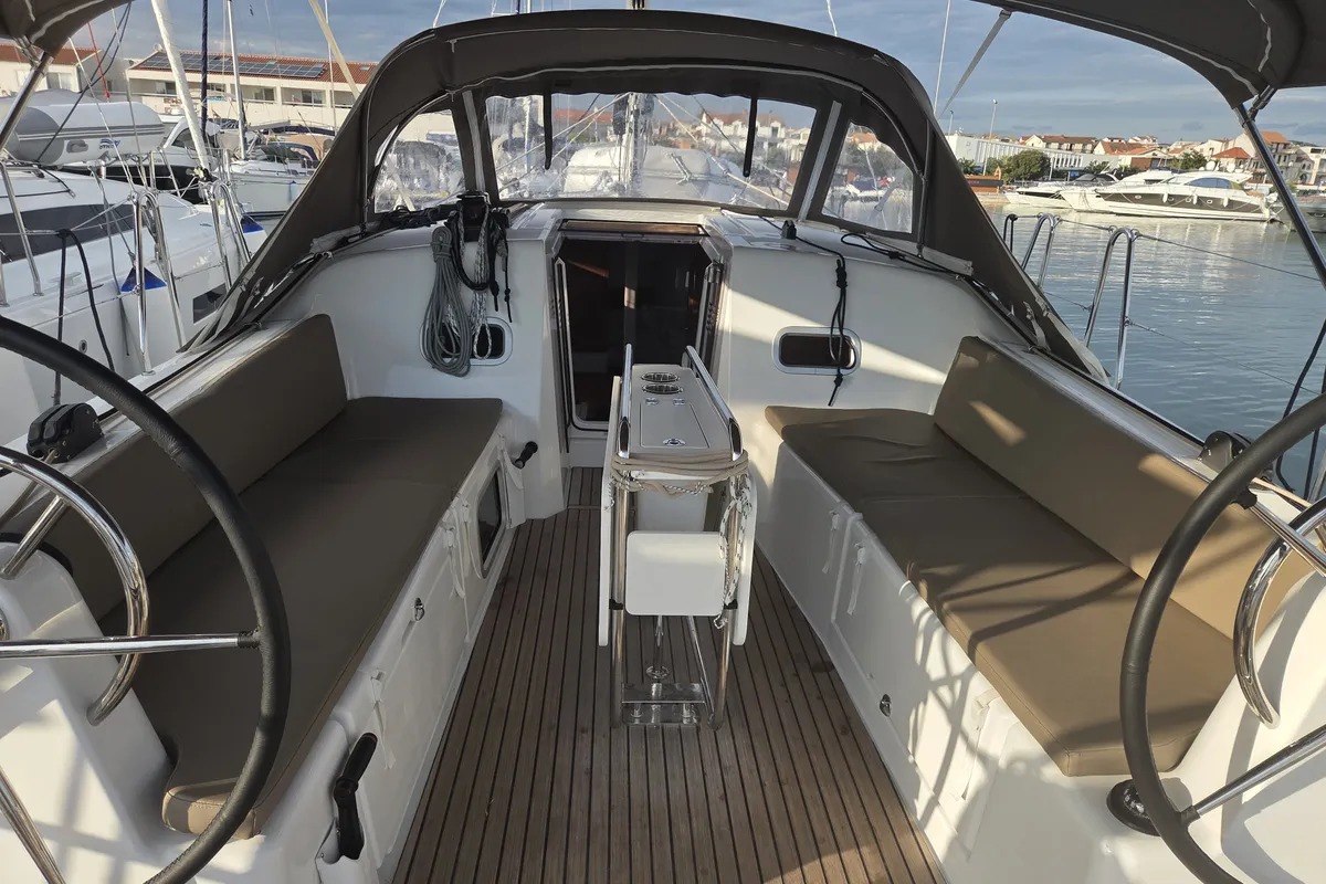 Cockpit of Kavinton, a Jeanneau Sun Odyssey 380 sailboat at Pirovac, Croatia
