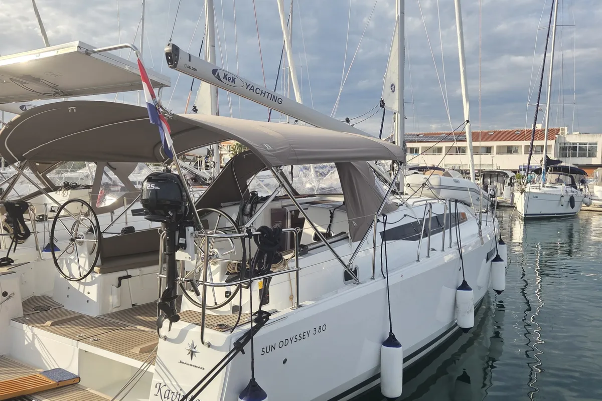 Exterior view of Kavinton, a Jeanneau Sun Odyssey 380 sailboat at Pirovac, Croatia
