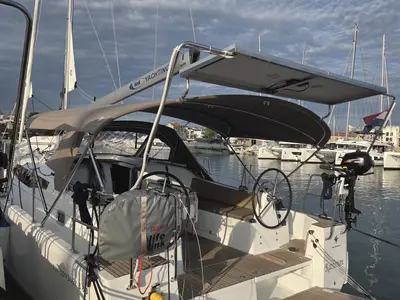 Cockpit of Kavinton, a Jeanneau Sun Odyssey 380 sailboat at Pirovac, Croatia