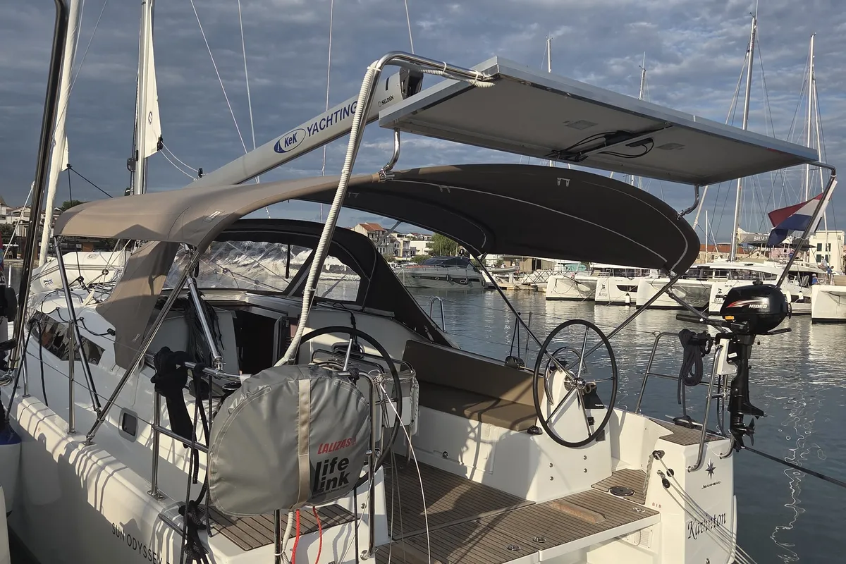 Cockpit of Kavinton, a Jeanneau Sun Odyssey 380 sailboat at Pirovac, Croatia
