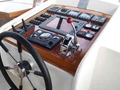 Cockpit of De Drait Classicline 1300, a motorboat at Woudsend, Netherlands