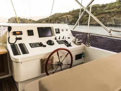 Cockpit of Belgin Sultan, a Motoryacht motor yacht at Fethiye, Turkey