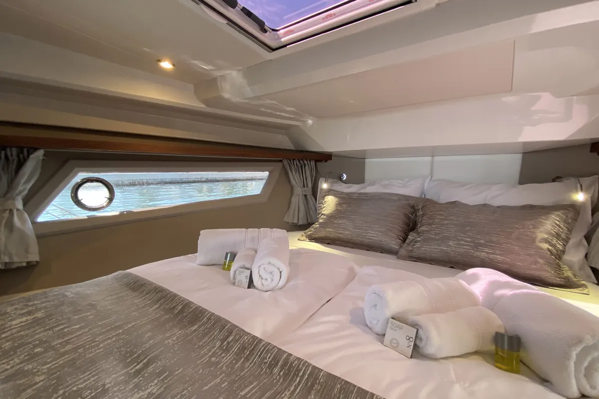 Cabin on KRISTINA, a Grandezza 37 CA motorboat at Grad Trogir, Croatia