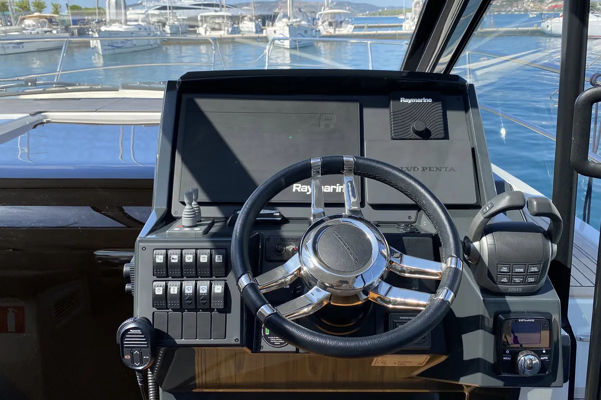 Cockpit of KRISTINA, a Grandezza 37 CA motorboat at Grad Trogir, Croatia