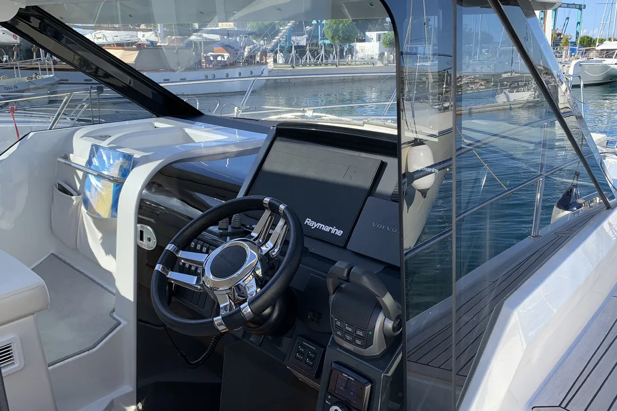 Cockpit of KRISTINA, a Grandezza 37 CA motorboat at Grad Trogir, Croatia