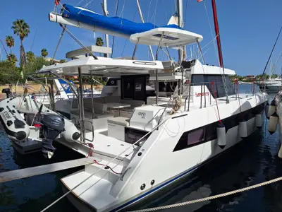 Exterior view of Orpin, a Leopard 42 catamaran at Tonnarella, Italy