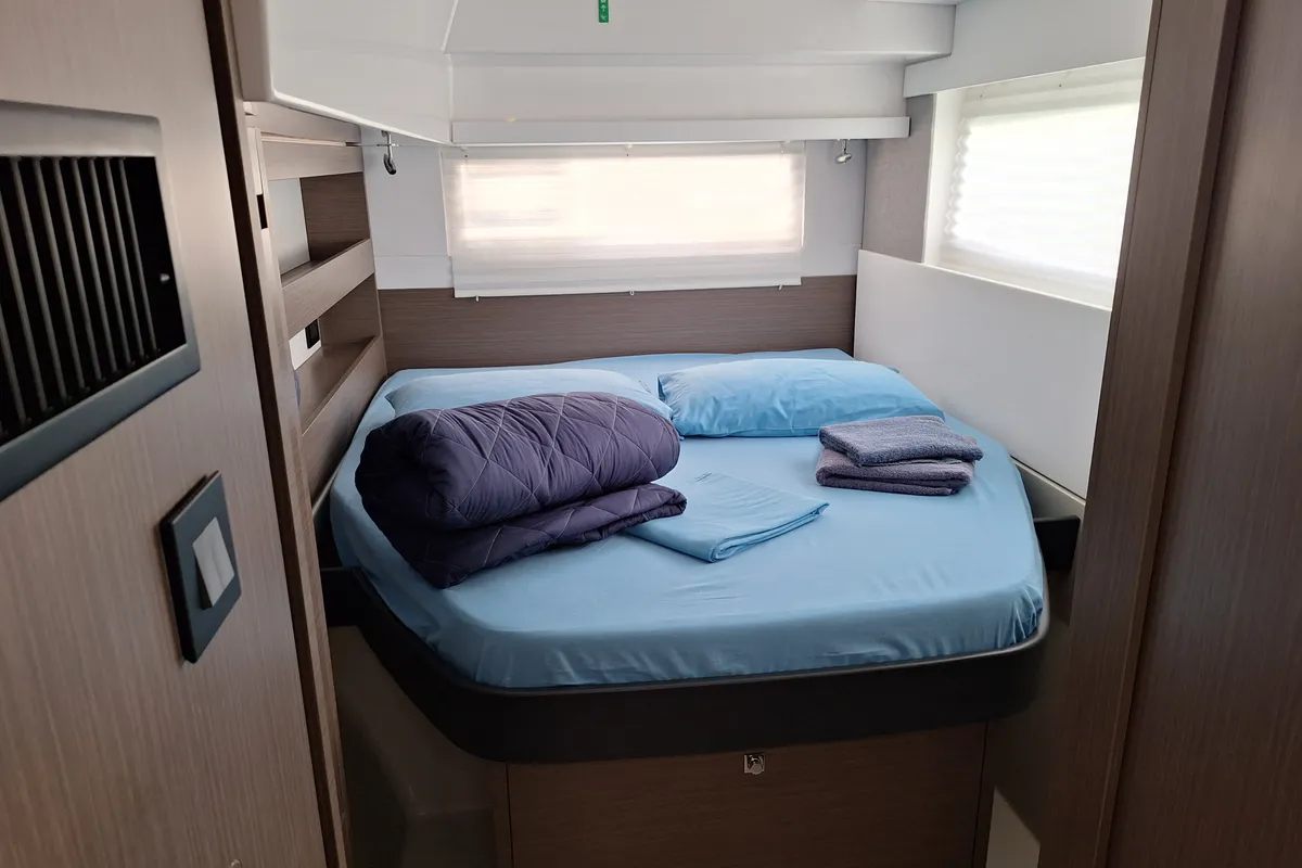 Cabin on Orpin, a Leopard 42 catamaran at Tonnarella, Italy