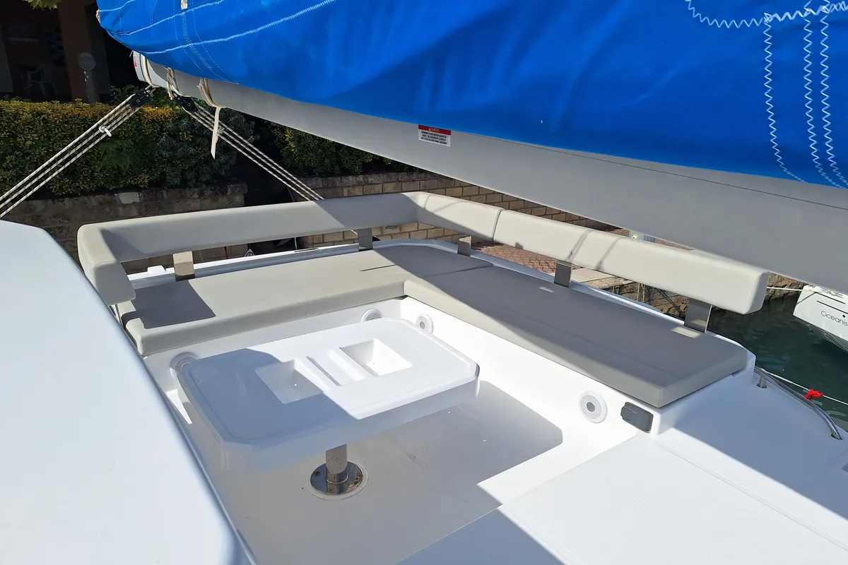 Deck of Orpin, a Leopard 42 catamaran at Tonnarella, Italy