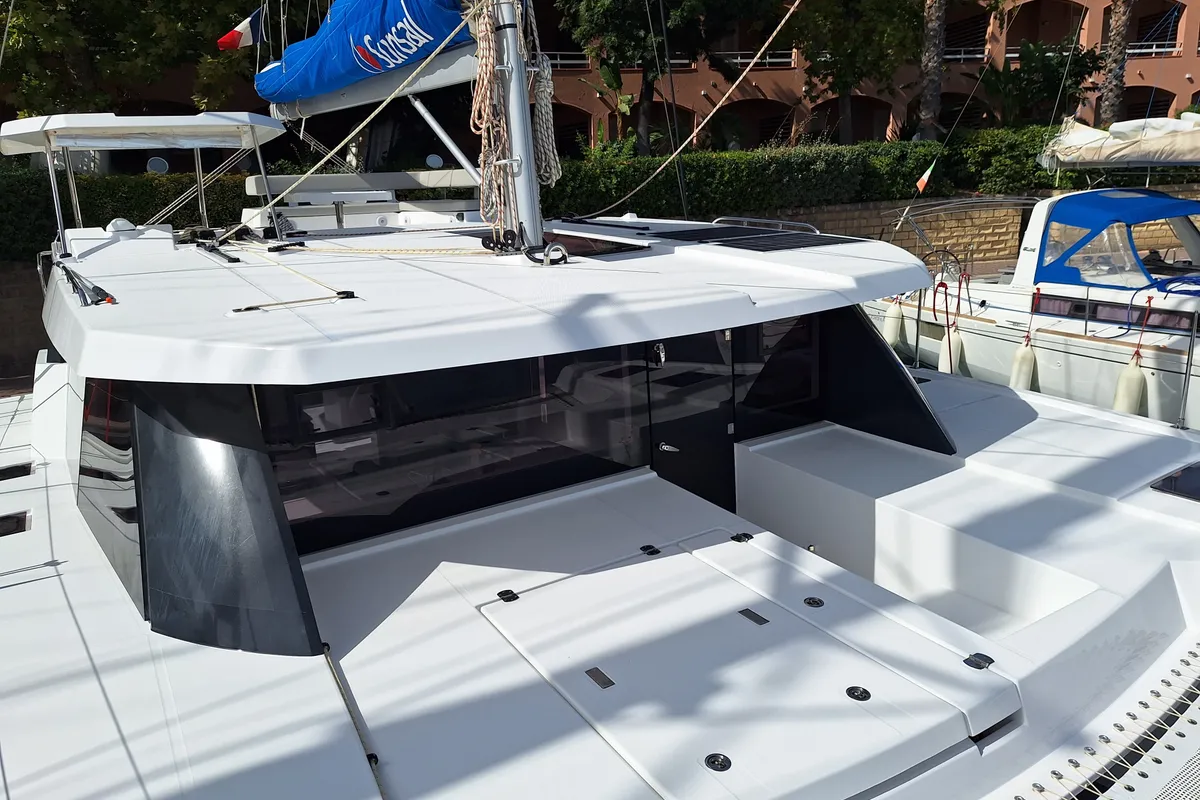 Deck of Orpin, a Leopard 42 catamaran at Tonnarella, Italy