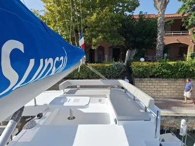 Deck of Orpin, a Leopard 42 catamaran at Tonnarella, Italy