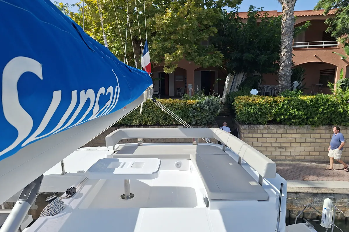 Deck of Orpin, a Leopard 42 catamaran at Tonnarella, Italy