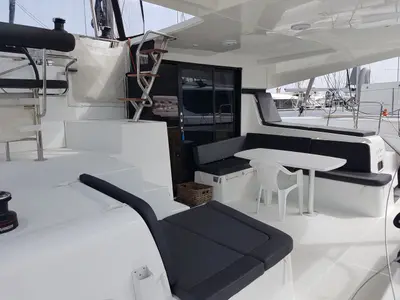 Deck of Agia Irini, a Lagoon 42 catamaran at Municipal Unit of Rhodes, Greece