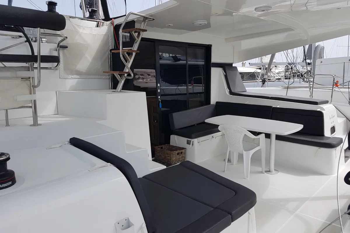 Deck of Agia Irini, a Lagoon 42 catamaran at Municipal Unit of Rhodes, Greece