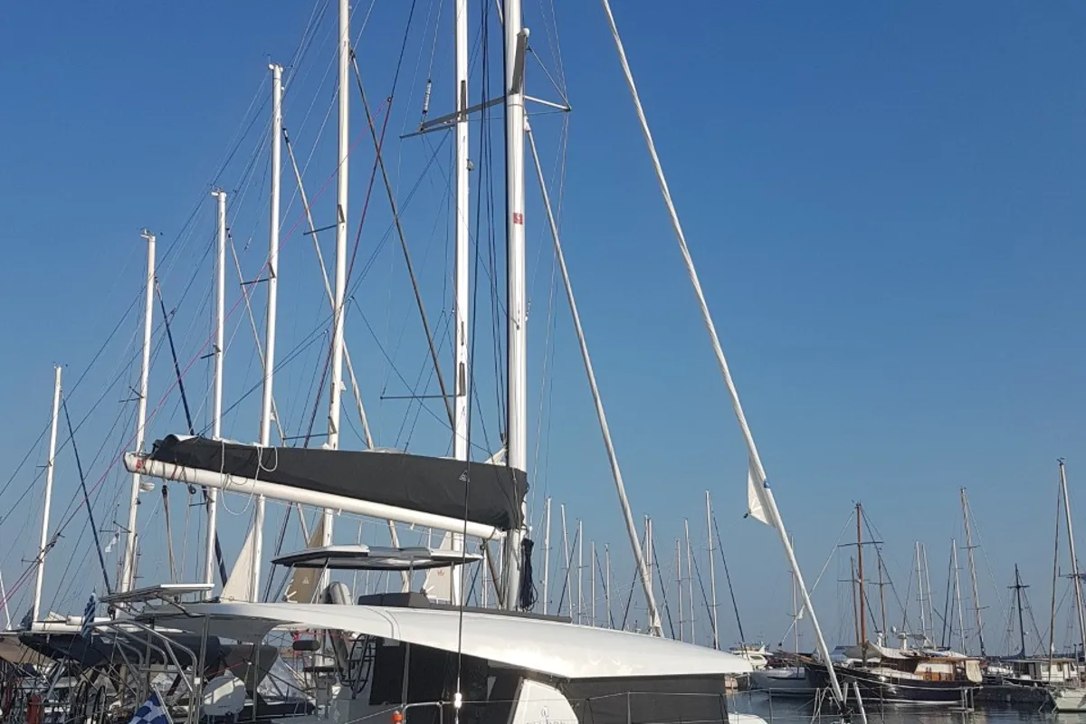 Exterior view of Agia Irini, a Lagoon 42 catamaran at Municipal Unit of Rhodes, Greece